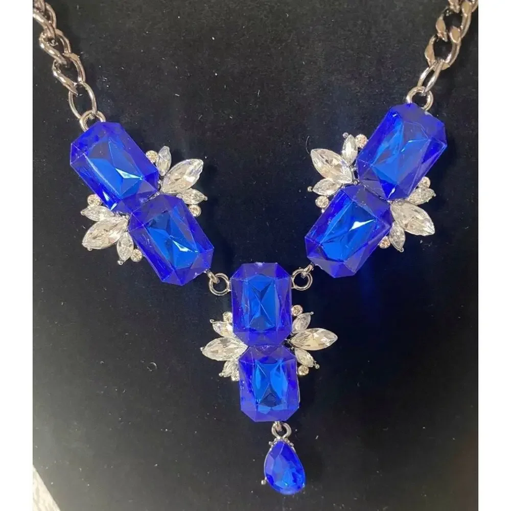 Blue Crystal Statement Necklace Set Matching Earrings Rhinestone Jewelry